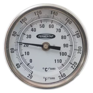 TERMOMETRO FERMENTAP CON CARATULA DE 3" CON ROSCA DE 1/2" MPT Y SONDA DE 6"